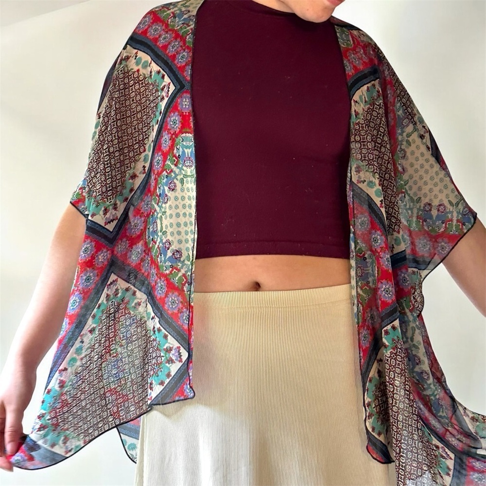 Band of Gypsies Colorful Kimono Patchwork  Geometric 3/4 Sleeve Asymmetric Boho - Picture 3 of 6